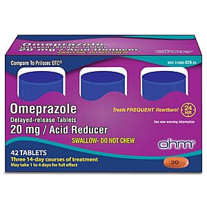 $6.53 or less S&S AMAZON Ohm Omeprazole 20mg, 42 Delayed-Release Tablets, Acid Reducer for Frequent Heartburn, 24-Hour Relief Heartburn Medicine,