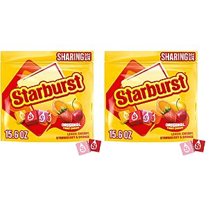 $3.32 S&S STARBURST Chewy Candy, Sharing Size, Individually Wrapped Fruit Chews Candy, 15.6 oz Resealable Bag (Pack of 2) 31.2 oz total