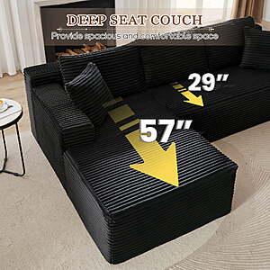 $326-$329 FS Walmart by Muumblus Modular Sectional Couch, Modern Oversized L-Shape Boneless Cloud Couch for Living Room, No Assembly Required, Black Corduroy,