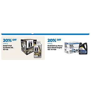 Sams Club Starts 8/26: 20% off all MOBIL1 Full Synthetic 6 Quart Oil Weights at Link  (also 20% off 4 Gallon Mobil1 Delvac Syth Blend Diesel Oil)