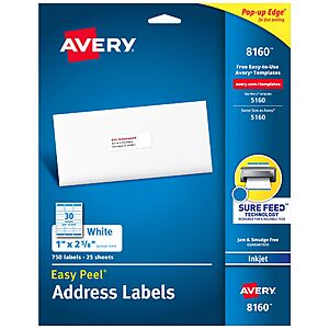 $10.74 AMAZON Avery Easy Peel Address Labels, Inkjet Printers, White, 1" x 2-5/8", Box of 750 Labels
