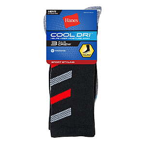 $5 FS Walmart+ or Pick Up Hanes Cool DRI Men's Crew Socks with Ventilation, 3-Pairs Black 6-12
