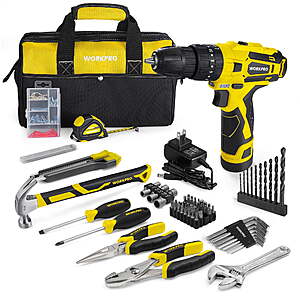 $45 FS WALMART by GREAT STAR WORKPRO 12V Cordless Drill, Power Tool Set for Home, 177 Pieces Combo Kit with 14-inch Storage Bag and 1500mAh Lithium-Ion Battery & Charger (Yellow)