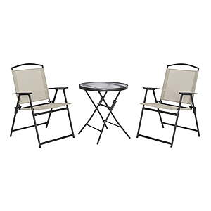 $48 FS WALMART 2 Folding Chairs and Small Patio Glass Bistro Table in Beige or Red
