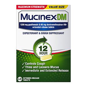 $18.08 S&S Clip Q Mucinex DM 12Hr Max Strength Chest Congestion & Cough Medicine, 48 Tablets | Dextromethorphan HBr Cough Suppressant,