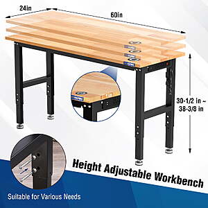 $220 FS WALMART by GreatStar WORKPRO 60” x 24" Adjustable Workbench 1500 LBS Load Capacity Hardwood Worktable with Power Outlets, Leveling Foot
