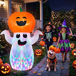 $26.47ac FS Walmart+ by GVDV 5Ft Halloween Inflatables Pumpkin Ghost Decorations with 360° Rotating Colorful LED Lights,