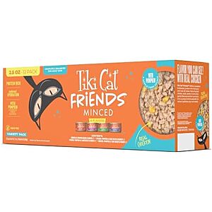 $8.69 or less S&S 35% Q: Tiki Cat Friends Wet Cat Food, Chicken Variety Pack, 2.5 oz Can (12)