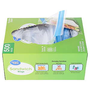 $1.92-$5.17-$8.24 FS WALMART+ or Pick Up Great Value Sandwich Bags, Double Zipper, 100, 300 or 500 Count