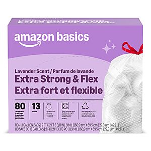 $8.41 S&amp;S AMZ Amazon Basics Ultra-Force Tall Kitchen Drawstring Trash Bags, Lavender Scented, 13 Gallon, 80 Count, Pack of 1