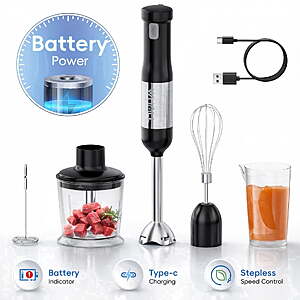 $33.69 FS WMT+ by WHALL   Cordless Immersion Blender, Rechargeable 5-in-1 Hand Blender with Whisk, Milk Frother Attachments, Portable Stick mixed,700ml Beaker, 500ml Chopper