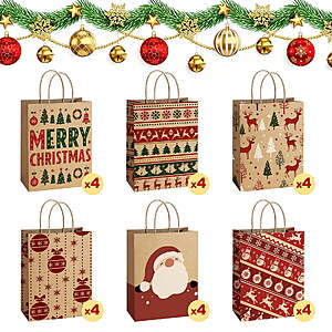 BagDream 24Pcs Christmas Kraft $11.59 FS WMT+ Bags with Handles for Presents, 6 Assorted Designs