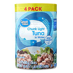 $19.58 FS WALMART+ (24 ea) Great Value Chunk Light Tuna in Water, 5 oz ( 6 x 4 cans)
