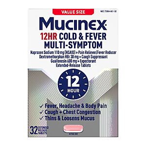 $13.79 S&S 40% off Q Mucinex 12Hr Cold and Flu Medicine for Adults, All Day Relief, 32 Tablets | Naproxen Sodium Pain Reliever, Dextromethorphan HBr