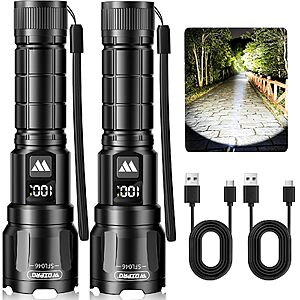 $10.49 ac AMAZON Rechargeable Flashlights 2 Pack, Super Bright LED High Lumens Tactical Flash Light with LCD Battery Display, Zoomable 3 Modes,