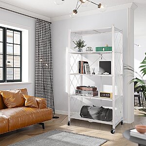 $49.48 FS WALMART by COOKCOK 5-Tier Storage Shelving Unit, Metal Shelf 27.9"x13.4"x62.5, Foldable Storage Shelf with Wheels,