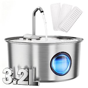 $28 FS WALMART+ by FMMD: FURCLAN Cat or Dog Water Fountain, 108oz/3.2L, Stainless Steel, Water Level Window, with 3 Filters