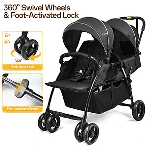 $131.79 FS WALMART by Vomeast Double Stroller for Two or Twins, Foldable Lightweight Travel Stroller for Infant and Toddler, 5-Point Harness,
