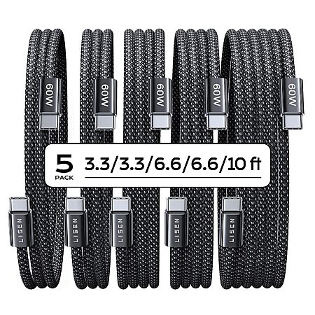 Pack of 5  LISEN 60W USB-C Charging Cables (2x 3.3', 2x 6.6' + 10') $8.59 after code FS with PRIME