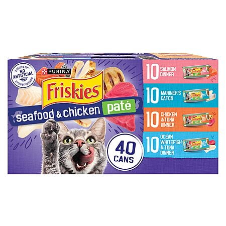 Friskies  Wet Cat Food Variety Packs: Seafood and Chicken Pate,  Surf-Turf Prime Filets and more  - (Pack of 40) 5.5 oz. Cans  $26.20 S&S Clip Q at Amazon
