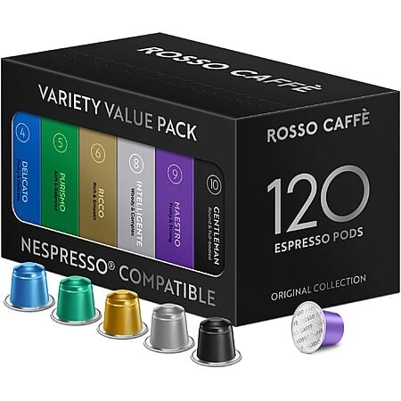 ROSSO CAFFÈ 120 Espresso Coffee Pods for Nespresso Original Machines, Premium   Variety Value Pack 6 Flavors  $26.24 or less S*S/Clip Q YMMV