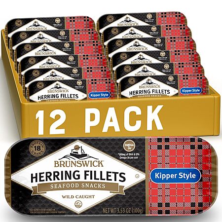 Brunswick Boneless Kipper Style OR Lemon Pepper Herring Fillets, 3.53 oz Can (Pack of 12) - 18g Protein per Serving $16.25 or less S&S /CLIP Q