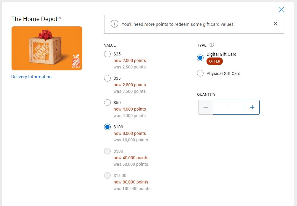 YMMV?  American Express Rewards - Home Depot eGift Cards - 20% discount