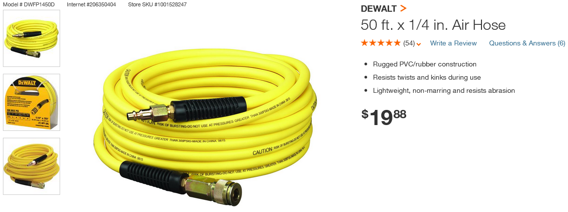 X 1 4 In Dewalt Air Hose Dwfp1450d 50 Ft Yellow Rugged Pvc
