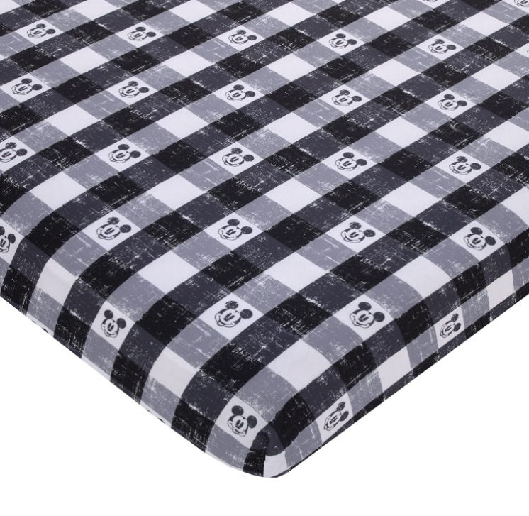 Disney Mickey Mouse - Black, White and Gray Plaid Nursery Polyester Fitted Mini Crib Sheet $11.5