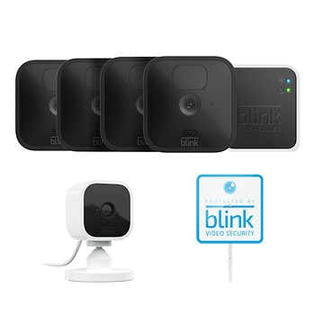 Blink 5 Camera Security System - 4 Outdoor Battery Powered Cameras, 1 Mini Indoor Plug-in Camera, with Yard Sign $199.99