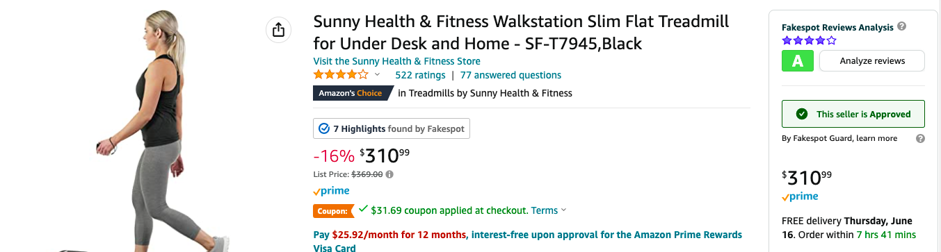 Sunny Health & Fitness Walkstation Slim Flat Treadmill for Under Desk and Home - SF-T7945,Black $279.3