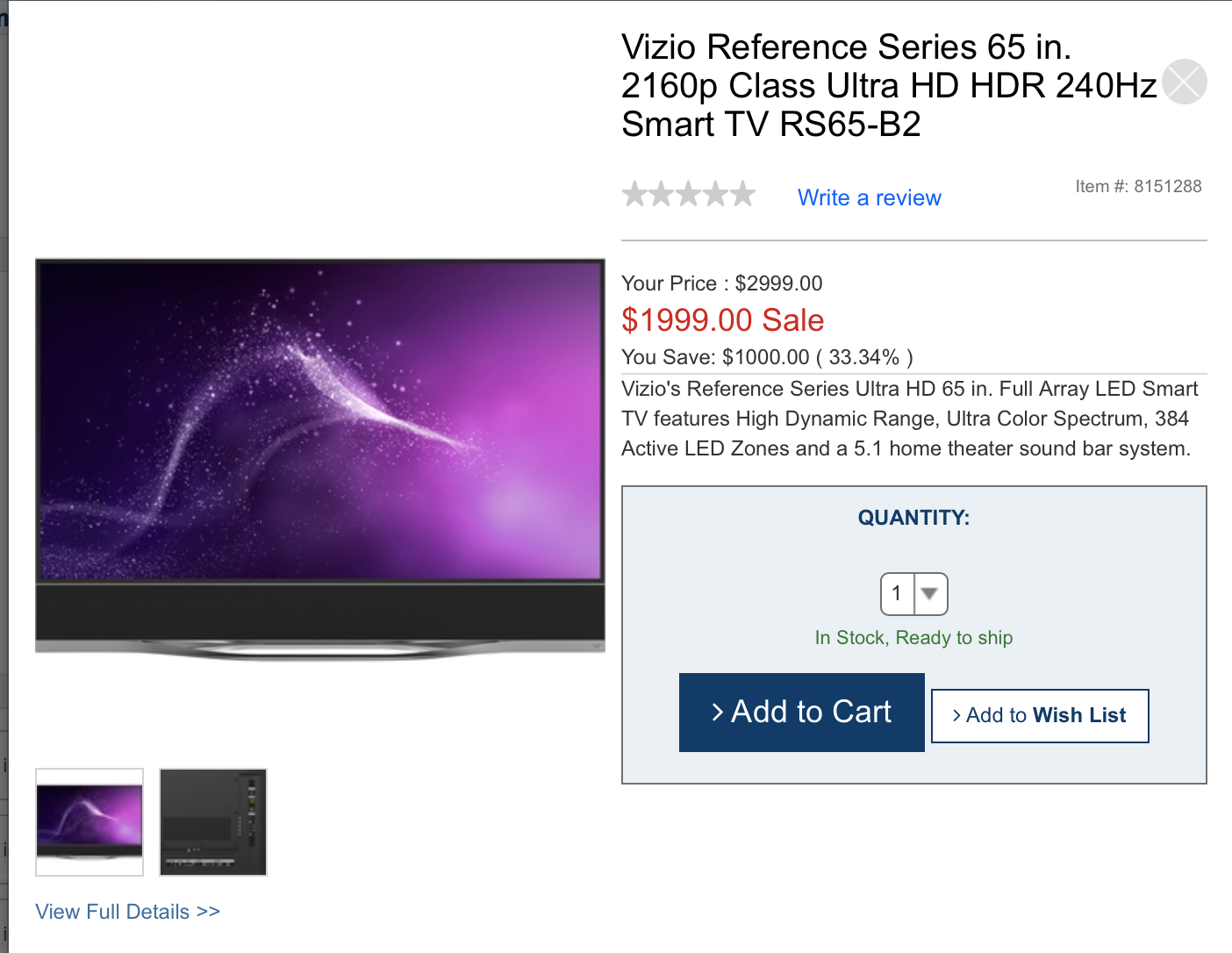 Vizio Reference Series 65 in. 2160p Class Ultra HD HDR 240Hz Smart TV RS65-B2 (2105 Model) $1999.99