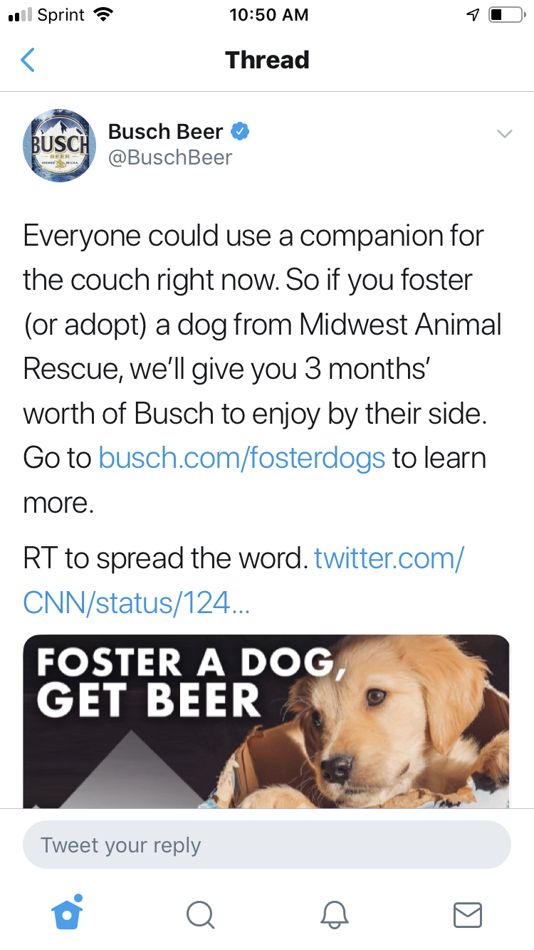 Free $100 for 3 months of Busch beer when you adopt or foster a dog (via Midwest Animal Rescue)
