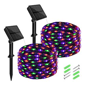 2 Pack cshare Halloween Solar Fairy Lights 16.4FT 50LED Each, Orange Purple Green Halloween Lights Waterproof Outdoor Black Wire String Lights $4.99
