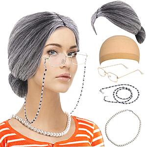 Amazon Haul: Feacole Old Lady Costume Set Grandma Madea Granny Wig Cosplay for Halloween Bun Gray - $4.99