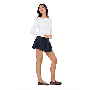 Forever 21 Women's Pleated Mini Skort with Built-In Shorts, Classic Plaid Pattern, High Waist A-Line Silhouette, Lightweight Casual School Style Fashion, Navy, Size XS ONLY - $3.50