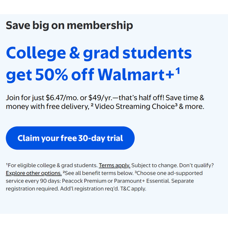 College & grad students get 50% off Walmart+ (Annual or Monthly) - $49