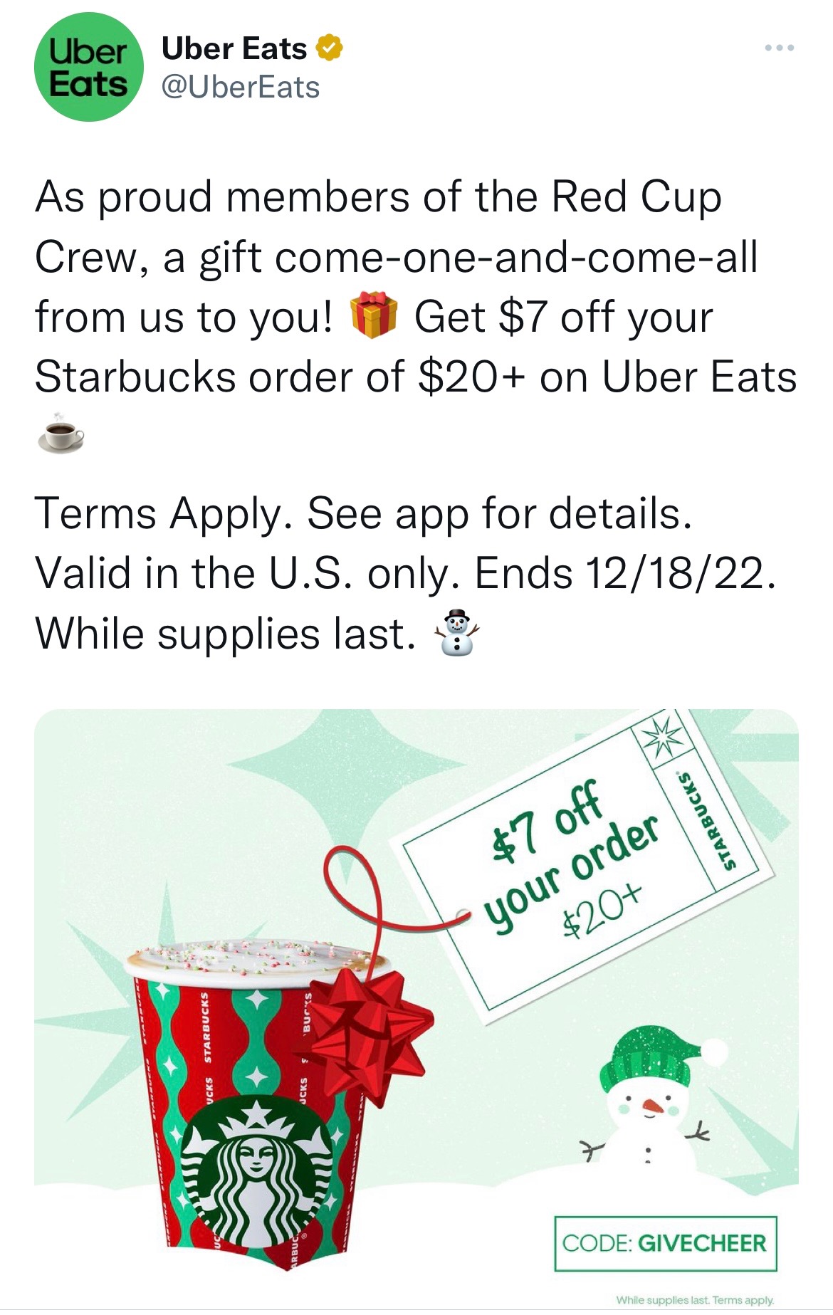 UBER Eats: $7 off $20 Starbucks Order $13