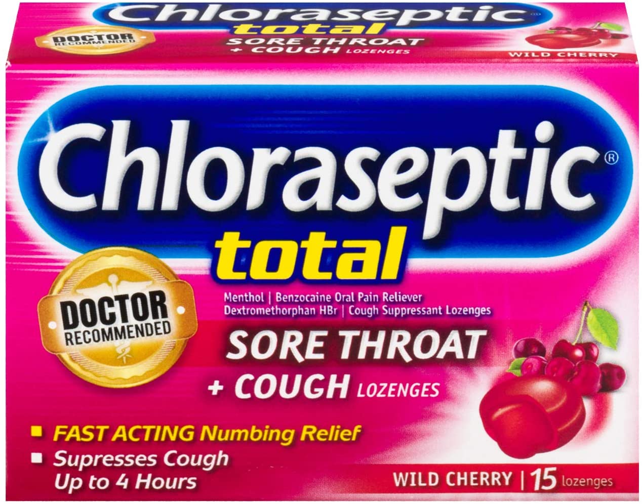 Chloraseptic Total Sore Throat + Cough Lozenges, Wild Cherry Flavor, 15 Count - $2.47 - Free Shipping with Amazon