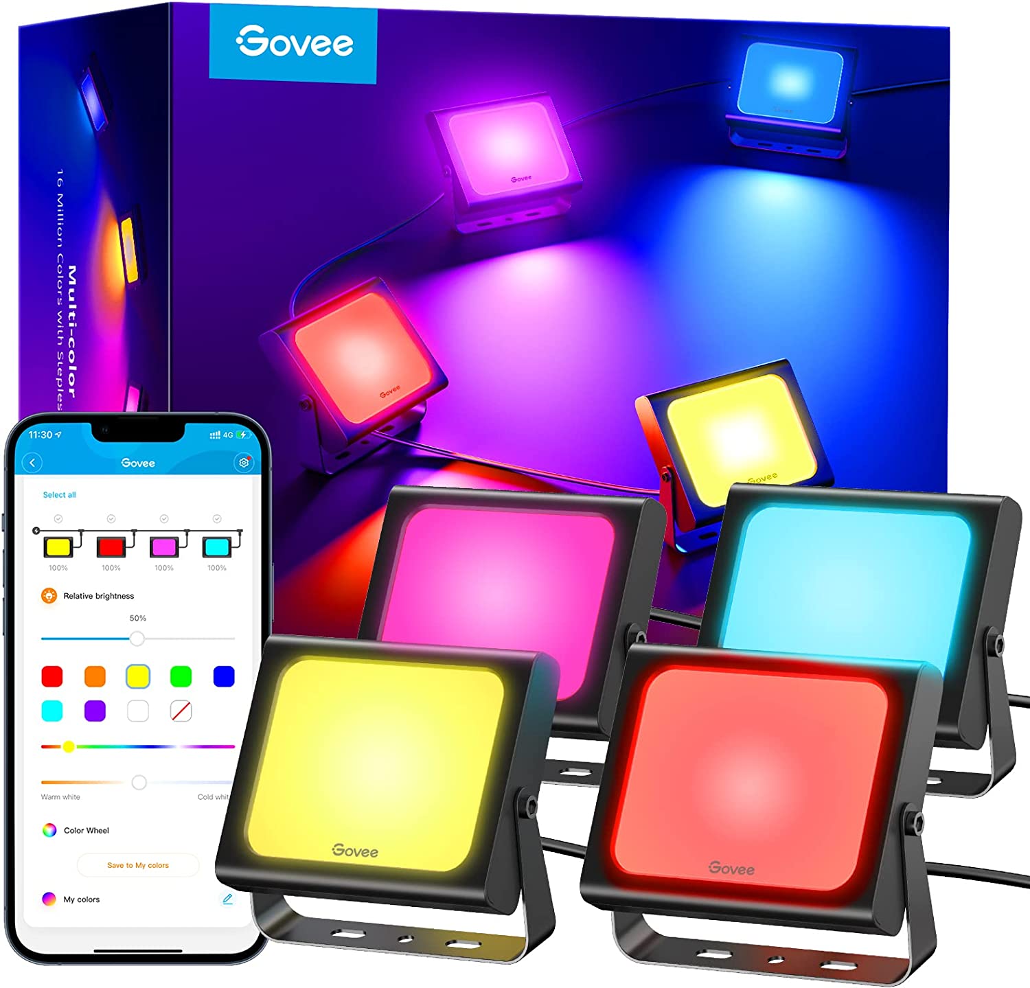 4-Pk Govee Outdoor RGBIC Landscape LED IP66 Waterproof Flood Lights $60 + Free Shipping