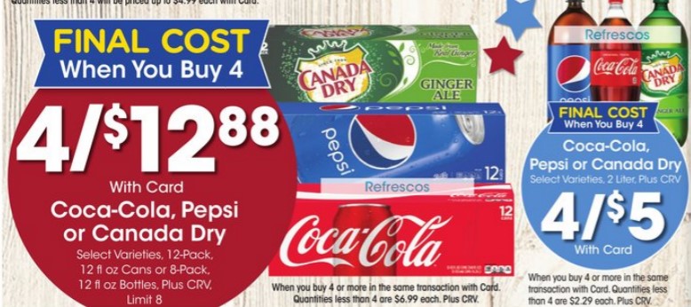 Ralphs: Coca-Cola, Pepsi or Canada Dry 4/$12.88 12-pk 12fl oz cans or 8-pack 12fl oz bottles
