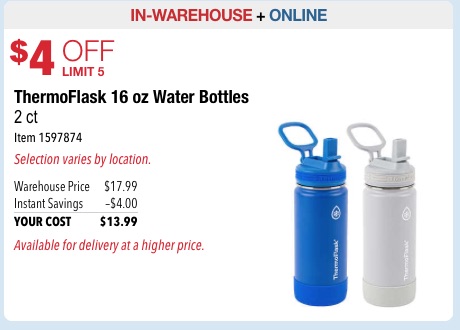 ThermoFlask 16oz Stainless Steel Water Bottles, 2-pack $20.99(ONLINE) / 13.99(INSTORE)