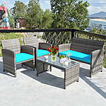 Costway 4PCS Patio Rattan Furniture Set Conversation Glass Table Top Cushioned Sofa Outdoor Turquoise ***$189.99