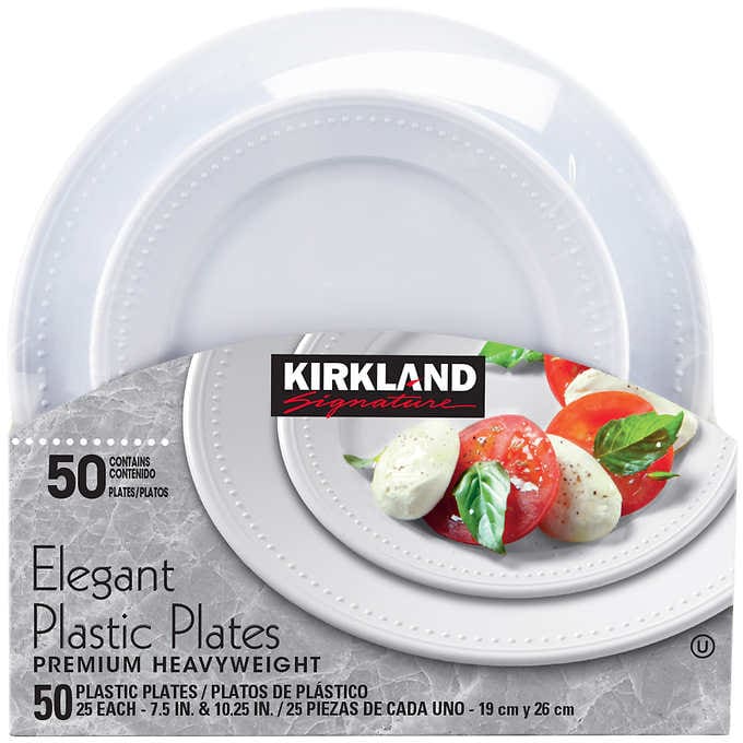 Kirkland Signature Elegant Plastic Plates, Variety Pack, White, 50-count $11.99