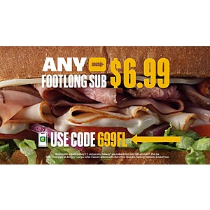 Subway Any Footlong Sub $6.99