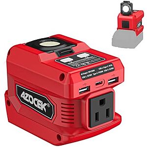 Azocek 220W/18V Battery Power Inverter Power Station w/ 400LM LED Work Light (Red) $29.30 