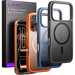 LISEN 3-Pack MagSafe iPhone Cases (various): 16 Series & 17 Series $10 