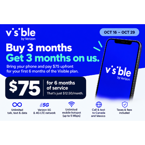 New Visible Wireless Users: 6 Months Unlimited Talk, Text & Data $75 (BYOD Required)