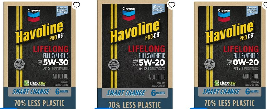 Chevron Havoline Lifelong Full Synthetic Motor Oil 0W-20 5W-20 5W-30  6 Quart Smart Change Box $24.97