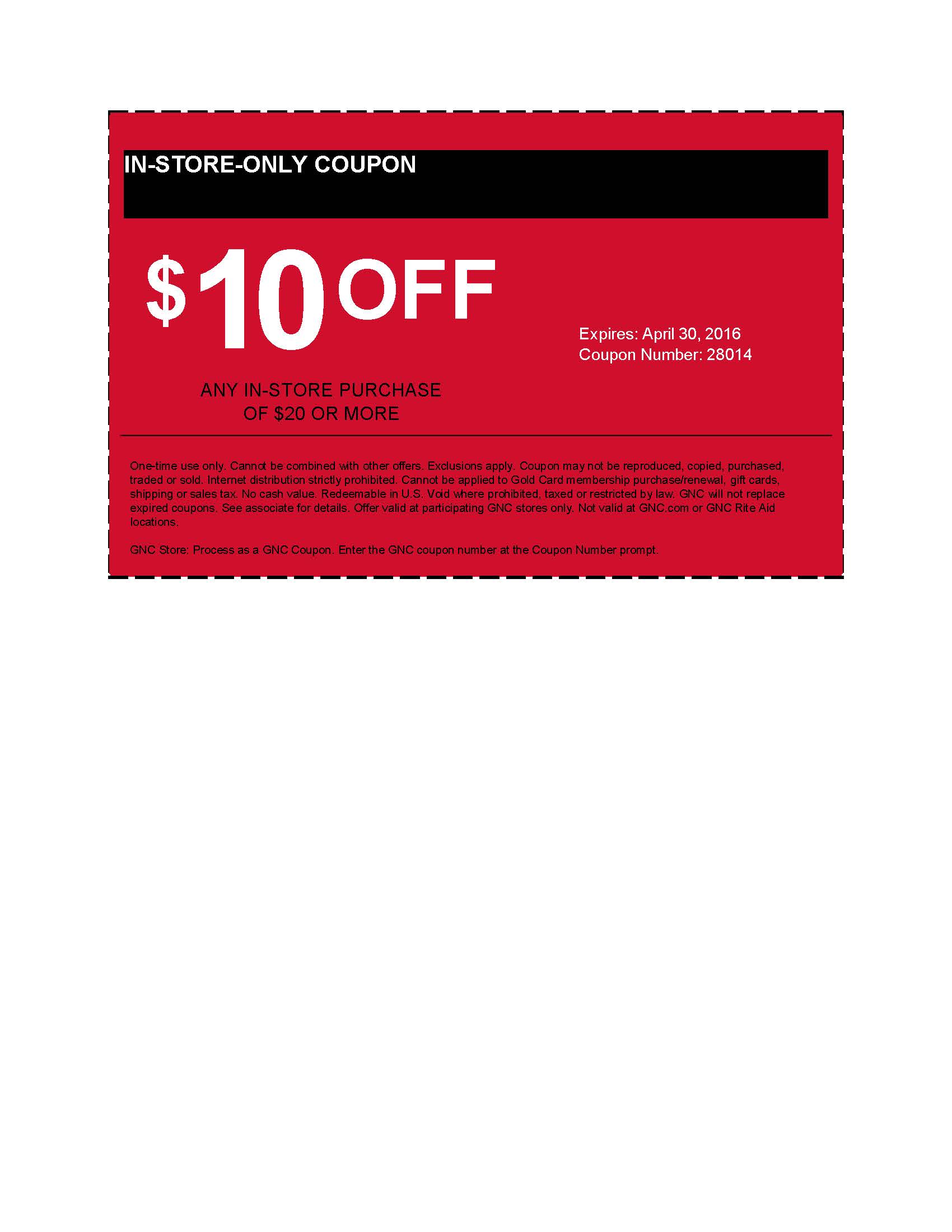 GNC $10 off $20 for April 2016 instore coupon Slickdeals
